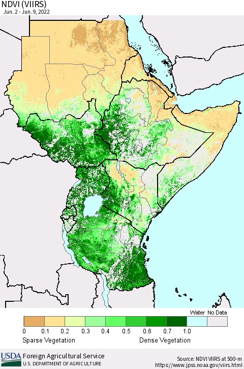 Eastern Africa NDVI (VIIRS) Thematic Map For 6/1/2022 - 6/10/2022