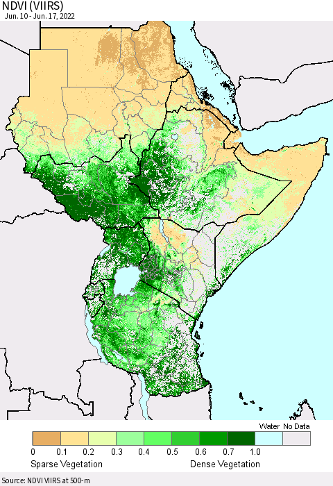 Eastern Africa NDVI (VIIRS) Thematic Map For 6/10/2022 - 6/17/2022