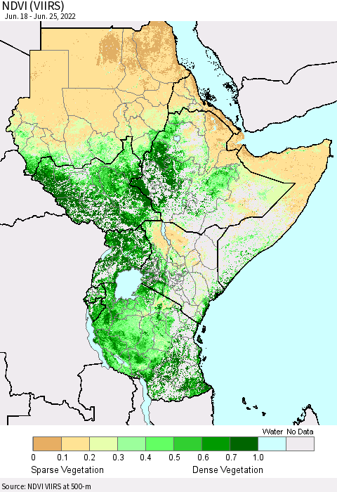 Eastern Africa NDVI (VIIRS) Thematic Map For 6/18/2022 - 6/25/2022