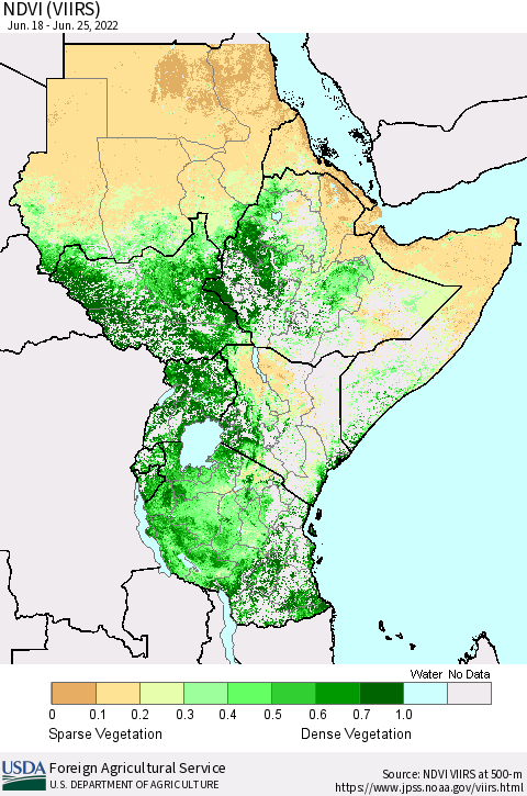 Eastern Africa NDVI (VIIRS) Thematic Map For 6/21/2022 - 6/30/2022