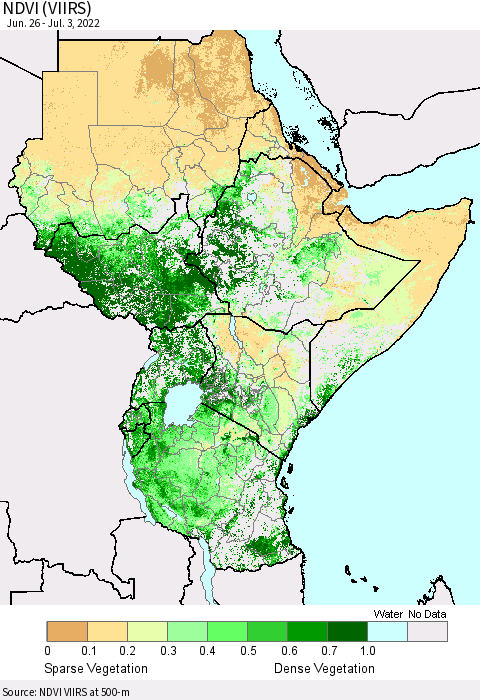 Eastern Africa NDVI (VIIRS) Thematic Map For 6/26/2022 - 7/3/2022
