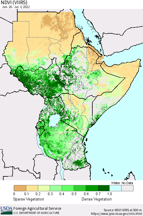 Eastern Africa NDVI (VIIRS) Thematic Map For 7/1/2022 - 7/10/2022