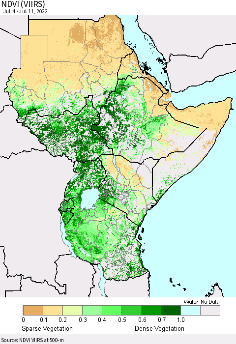 Eastern Africa NDVI (VIIRS) Thematic Map For 7/4/2022 - 7/11/2022