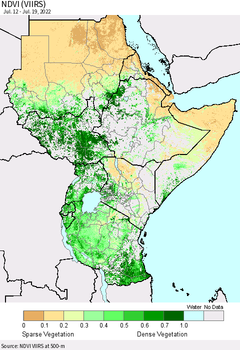 Eastern Africa NDVI (VIIRS) Thematic Map For 7/12/2022 - 7/19/2022
