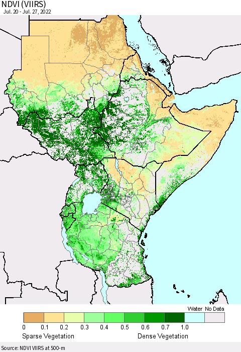 Eastern Africa NDVI (VIIRS) Thematic Map For 7/20/2022 - 7/27/2022