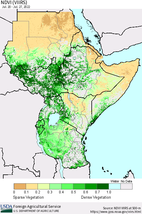 Eastern Africa NDVI (VIIRS) Thematic Map For 7/21/2022 - 7/31/2022