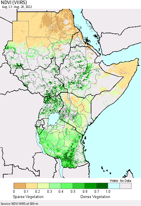 Eastern Africa NDVI (VIIRS) Thematic Map For 8/11/2022 - 8/20/2022