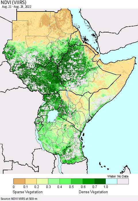 Eastern Africa NDVI (VIIRS) Thematic Map For 8/21/2022 - 8/28/2022
