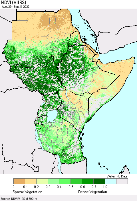 Eastern Africa NDVI (VIIRS) Thematic Map For 8/29/2022 - 9/5/2022