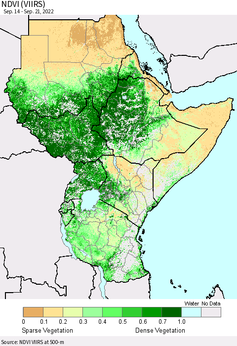 Eastern Africa NDVI (VIIRS) Thematic Map For 9/14/2022 - 9/21/2022