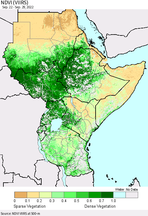Eastern Africa NDVI (VIIRS) Thematic Map For 9/22/2022 - 9/29/2022