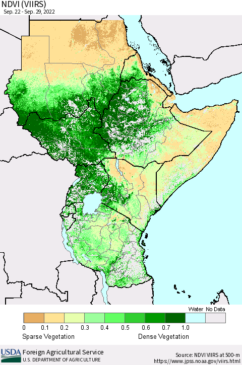Eastern Africa NDVI (VIIRS) Thematic Map For 9/21/2022 - 9/30/2022