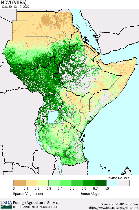 Eastern Africa NDVI (VIIRS) Thematic Map For 10/1/2022 - 10/10/2022