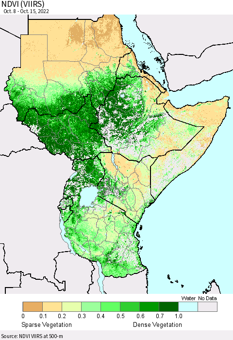 Eastern Africa NDVI (VIIRS) Thematic Map For 10/8/2022 - 10/15/2022