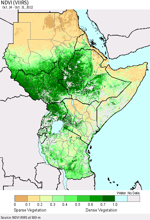 Eastern Africa NDVI (VIIRS) Thematic Map For 10/24/2022 - 10/31/2022