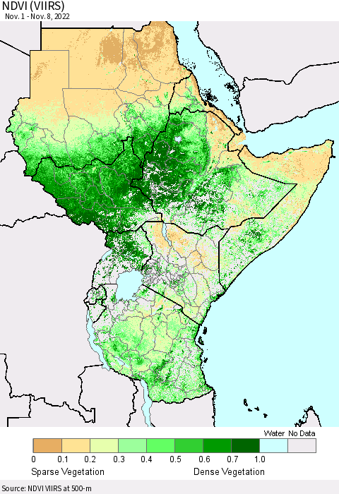Eastern Africa NDVI (VIIRS) Thematic Map For 11/1/2022 - 11/8/2022