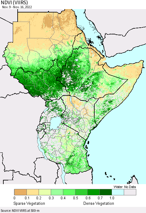 Eastern Africa NDVI (VIIRS) Thematic Map For 11/9/2022 - 11/16/2022