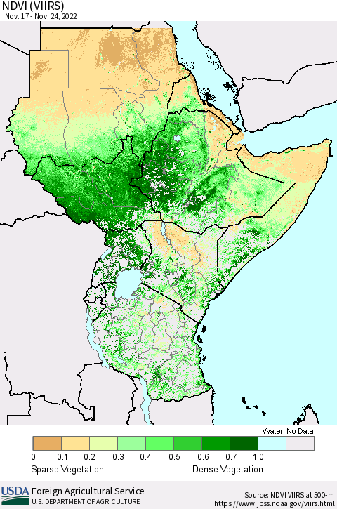Eastern Africa NDVI (VIIRS) Thematic Map For 11/21/2022 - 11/30/2022