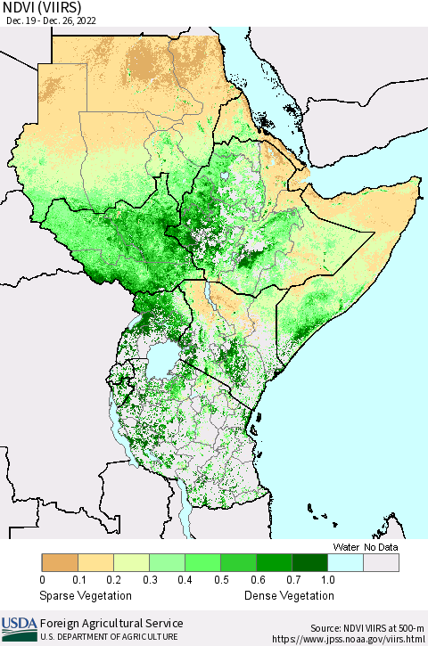 Eastern Africa NDVI (VIIRS) Thematic Map For 12/21/2022 - 12/31/2022