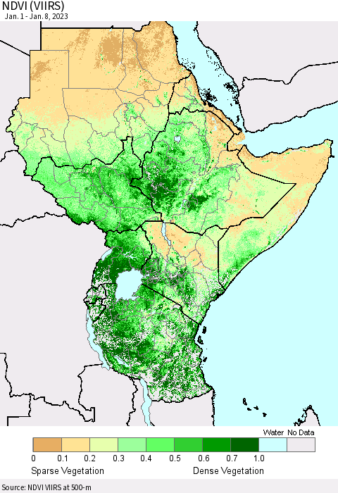 Eastern Africa NDVI (VIIRS) Thematic Map For 1/1/2023 - 1/8/2023