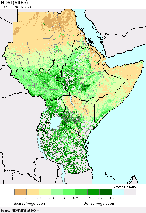 Eastern Africa NDVI (VIIRS) Thematic Map For 1/9/2023 - 1/16/2023