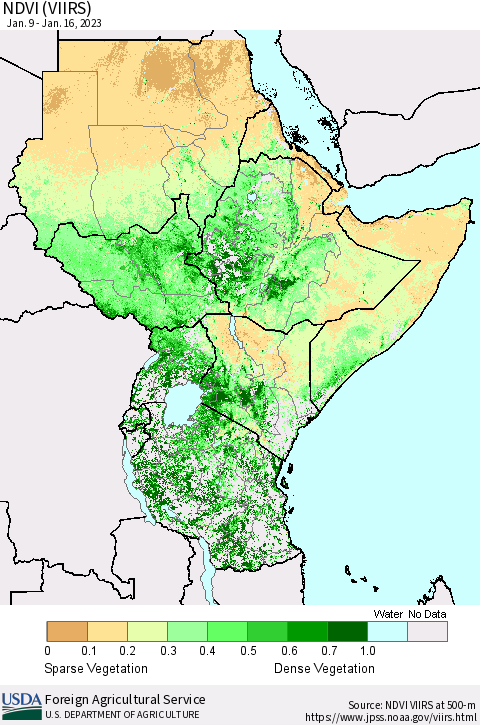 Eastern Africa NDVI (VIIRS) Thematic Map For 1/11/2023 - 1/20/2023