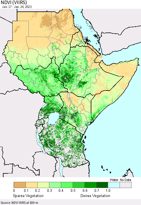 Eastern Africa NDVI (VIIRS) Thematic Map For 1/17/2023 - 1/24/2023