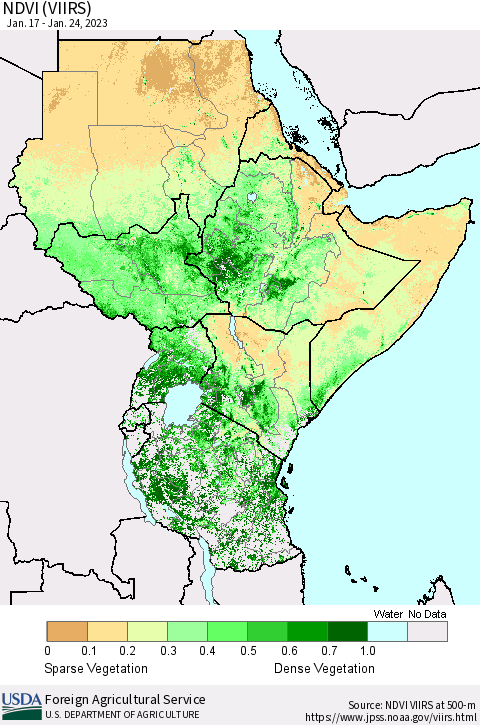 Eastern Africa NDVI (VIIRS) Thematic Map For 1/21/2023 - 1/31/2023