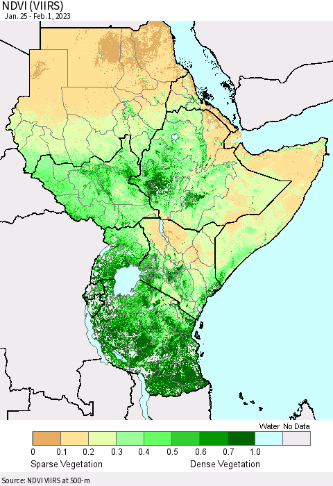 Eastern Africa NDVI (VIIRS) Thematic Map For 1/25/2023 - 2/1/2023