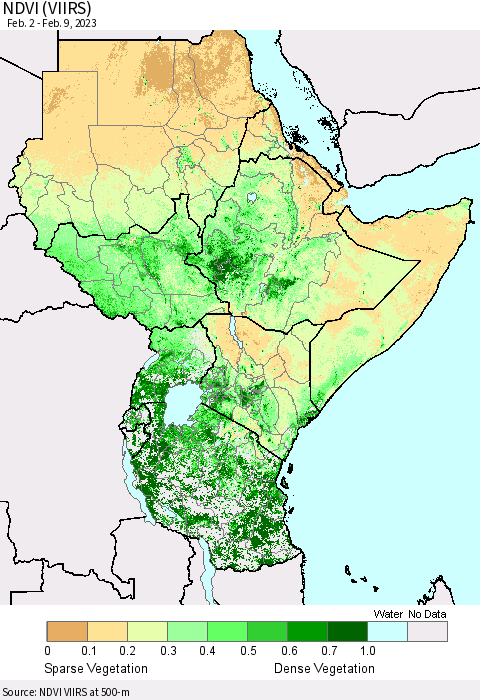 Eastern Africa NDVI (VIIRS) Thematic Map For 2/2/2023 - 2/9/2023