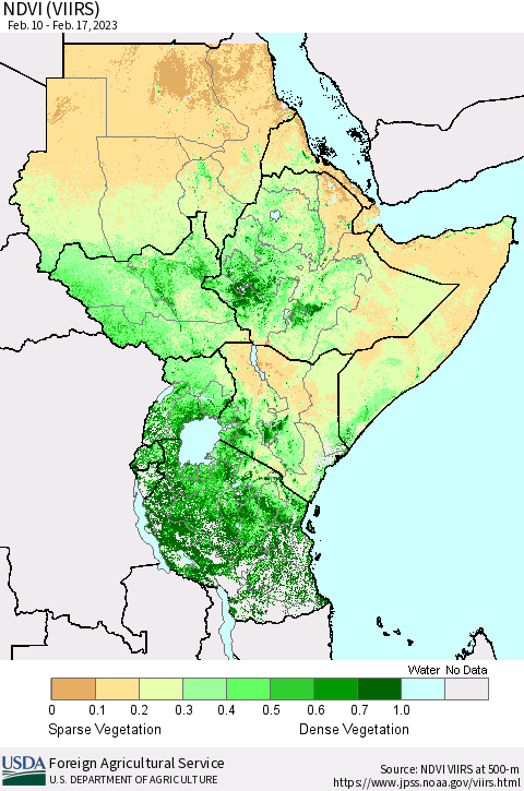 Eastern Africa NDVI (VIIRS) Thematic Map For 2/11/2023 - 2/20/2023