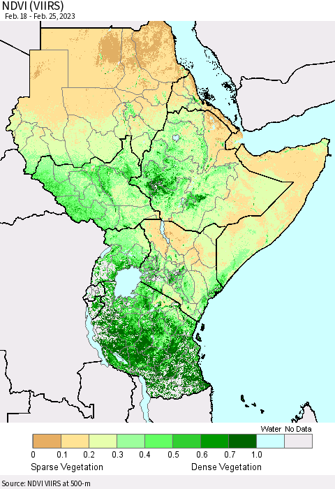 Eastern Africa NDVI (VIIRS) Thematic Map For 2/18/2023 - 2/25/2023