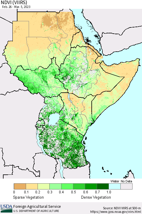 Eastern Africa NDVI (VIIRS) Thematic Map For 3/1/2023 - 3/10/2023