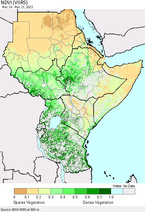 Eastern Africa NDVI (VIIRS) Thematic Map For 3/14/2023 - 3/21/2023