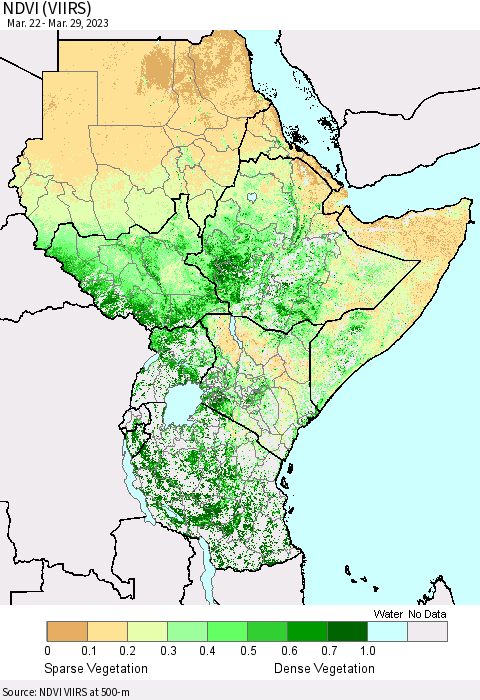 Eastern Africa NDVI (VIIRS) Thematic Map For 3/22/2023 - 3/29/2023