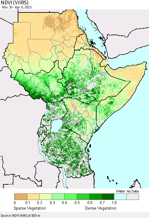 Eastern Africa NDVI (VIIRS) Thematic Map For 3/30/2023 - 4/6/2023