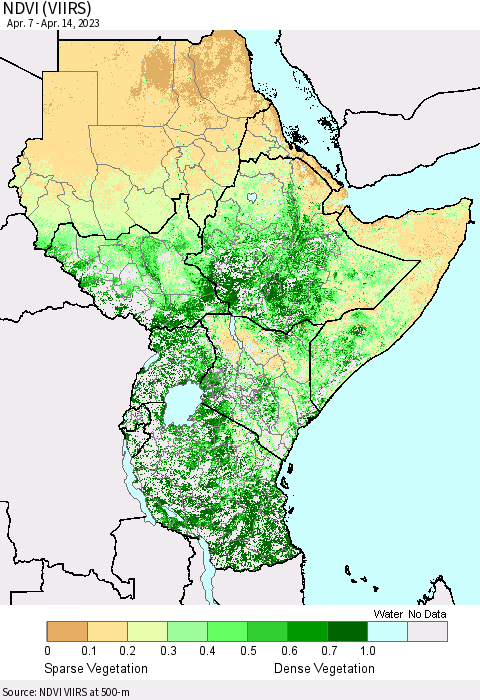 Eastern Africa NDVI (VIIRS) Thematic Map For 4/7/2023 - 4/14/2023