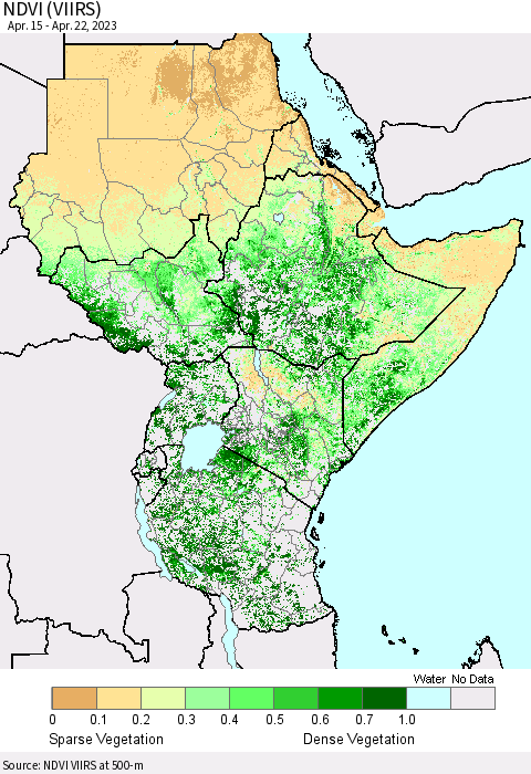 Eastern Africa NDVI (VIIRS) Thematic Map For 4/15/2023 - 4/22/2023