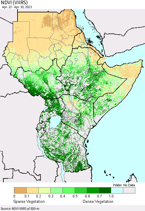Eastern Africa NDVI (VIIRS) Thematic Map For 4/23/2023 - 4/30/2023