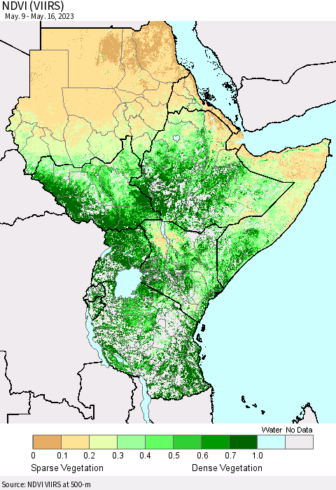 Eastern Africa NDVI (VIIRS) Thematic Map For 5/9/2023 - 5/16/2023