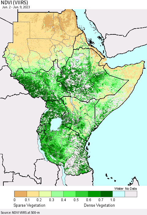 Eastern Africa NDVI (VIIRS) Thematic Map For 6/2/2023 - 6/9/2023