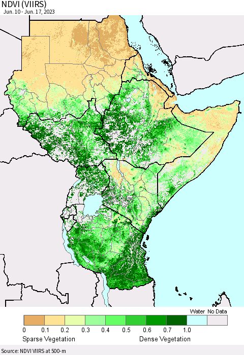 Eastern Africa NDVI (VIIRS) Thematic Map For 6/10/2023 - 6/17/2023