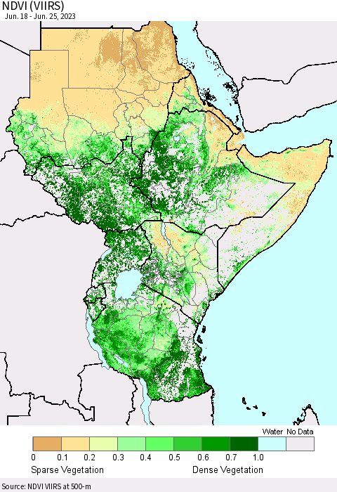 Eastern Africa NDVI (VIIRS) Thematic Map For 6/18/2023 - 6/25/2023