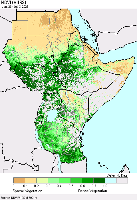 Eastern Africa NDVI (VIIRS) Thematic Map For 6/26/2023 - 7/3/2023