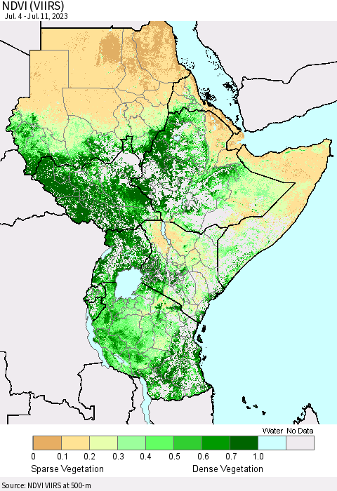 Eastern Africa NDVI (VIIRS) Thematic Map For 7/4/2023 - 7/11/2023