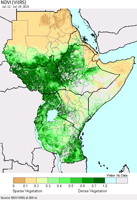 Eastern Africa NDVI (VIIRS) Thematic Map For 7/12/2023 - 7/19/2023