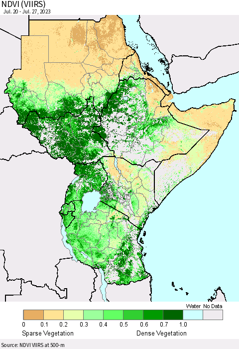 Eastern Africa NDVI (VIIRS) Thematic Map For 7/20/2023 - 7/27/2023
