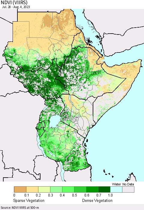 Eastern Africa NDVI (VIIRS) Thematic Map For 7/28/2023 - 8/4/2023