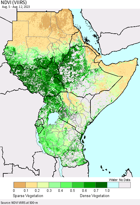 Eastern Africa NDVI (VIIRS) Thematic Map For 8/5/2023 - 8/12/2023