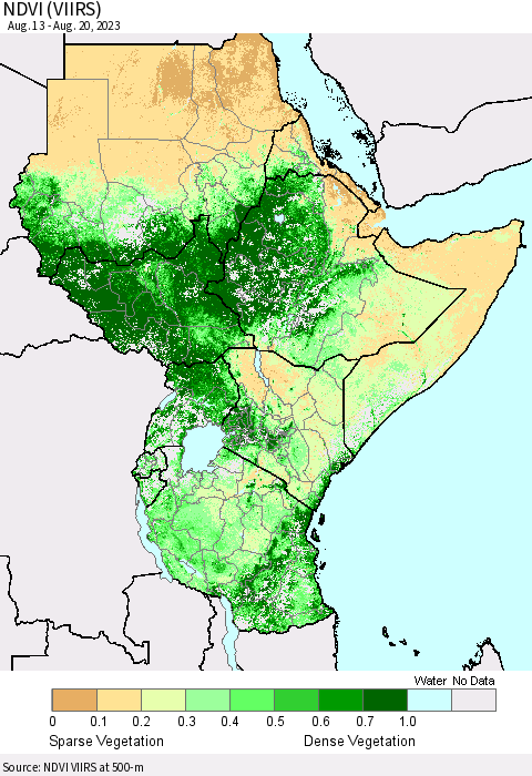 Eastern Africa NDVI (VIIRS) Thematic Map For 8/13/2023 - 8/20/2023
